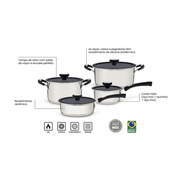 Jogo de Panelas Tramontina Solar Ceramic em Aço Inox Fundo Triplo com Revestimento Interno Cerâmico Grafite 4 Peças - Imagem 3