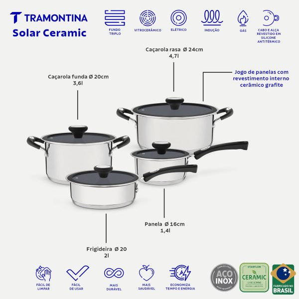 Jogo de Panelas Tramontina Solar Ceramic em Aço Inox Fundo Triplo com Revestimento Interno Cerâmico Grafite 4 Peças - Imagem 4